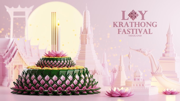 Foto illustrazione del rendering 3d loy krathong festival e yi peng festival in thailandia krathong da foglie di banano fiori candele e bastoncini di incenso fiume di luna piena e colore di sfondo notturno