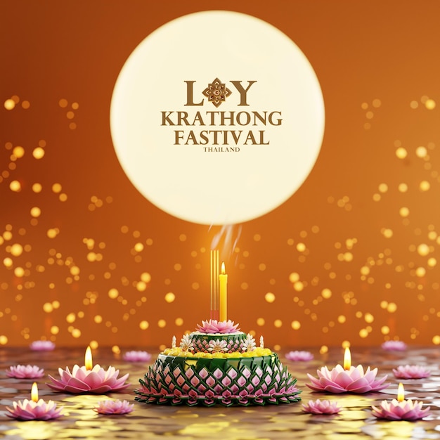 3d rendering illustration Loy Krathong festival and Yi Peng festival in thailand krathong from banana leaves flowers candles and incense sticks fullmoon river and night background color