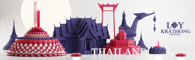 3d rendering illustration loy krathong festival and yi peng festival in thailand krathong from banana leaves flowers candles and incense sticks fullmoon river and night background color