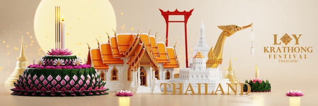 3d rendering illustration loy krathong festival and yi peng festival in thailand krathong from banana leaves flowers candles and incense sticks fullmoon river and night background color