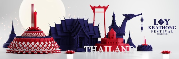 3d rendering illustration loy krathong festival and yi peng festival in thailand krathong from banana leaves flowers candles and incense sticks fullmoon river and night background color