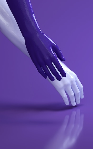 Illustrazione della rappresentazione 3d delle mani dell'uomo in studio porpora che si toccano. parti del corpo umano.