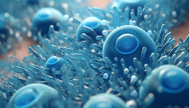 현미경의 3D 렌더링 그림 박테리아 세포 미생물 또는 바이러스 흐르는 배경 파란색 과학 의학 독감 전염병 바이러스 구조 박테리아의 개념