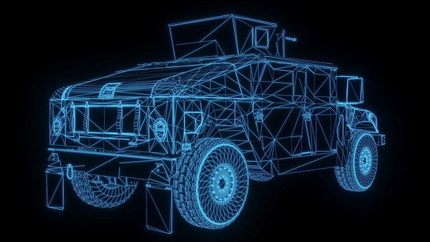 3D 렌더링 그림 군사 트럭 청사진 빛나는 네온 홀로그램 미래 쇼 기술