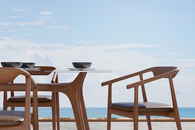 3d rendering illustrazione della moderna sala da pranzo adagiata su un tavolo con vista mare decorare la stanza con interni in legno in stile loft accogliente blu mare e cielo con la luce del sole cena di lusso in famiglia