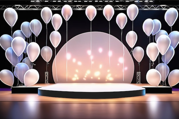 Foto illustrazione del rendering 3d moderno palcoscenico vuoto con palloncini luminosi generati dall'intelligenza artificiale