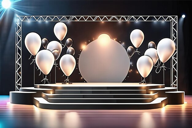 3d rendering illustration modern Empty concert stage with balloons light AI generated