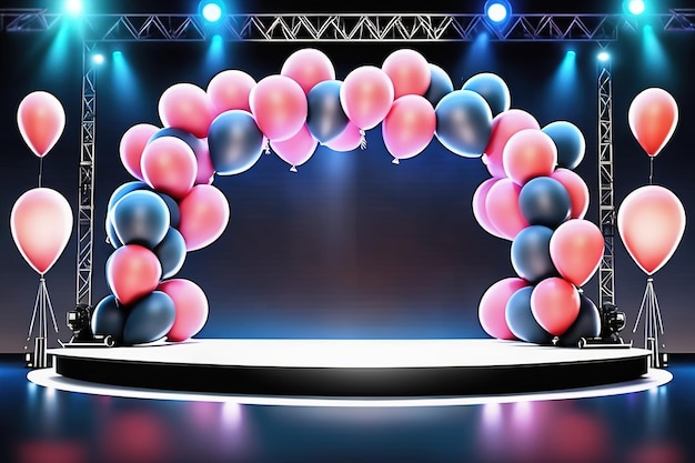 Photo 3d rendering illustration modern empty concert stage with balloons light design ai generated