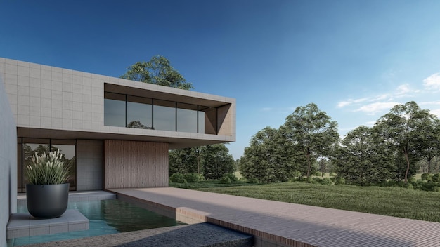 3D rendering illustration of modern house with natural Landscape