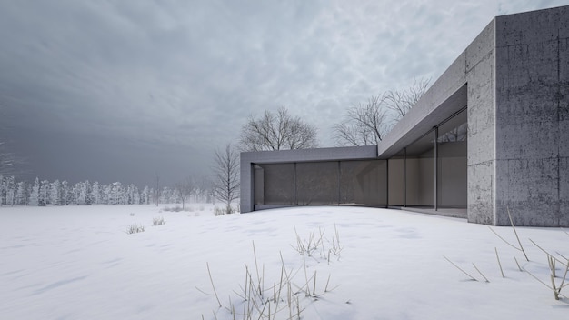 Illustrazione del rendering 3d di una casa moderna con paesaggio innevato