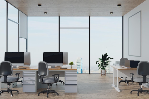 3D-рендеринг иллюстрации современного интерьера Креативный дизайнерский офисный рабочий стол с ПК, рабочее место, свет снаружи, высотный кондо-офис, белое чистое рабочее пространство, стеклянное окно