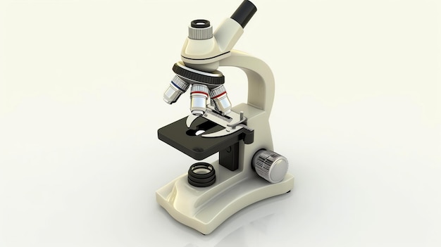 색 바탕에 현대 현미경의 3D 렌더링 일러스트레이션 현미경은 색이며 검은색 안경과 객관 렌즈가 있습니다.