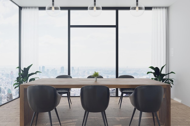 Photo 3d rendering illustration of modern working or dining room coworking space with white cozy style interior large window looking to high rise town building with sunlight white curtain family zone