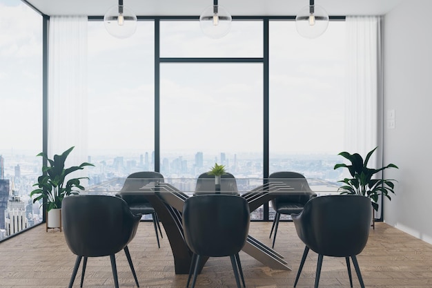 3D Rendering illustration of Modern working or dining room coworking space with white cozy style interior large window looking to high rise town building with sunlight white curtain family zone