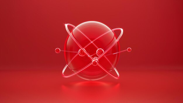 Фото 3d-илюстрация светящегося красного атома. атом имеет ядро и несколько электронов, вращающихся вокруг него.