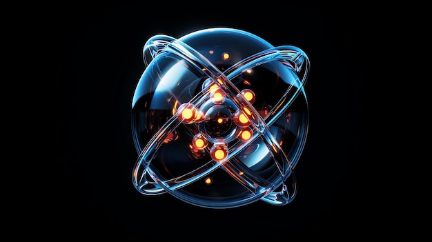 Фото 3d-илюстрация атома. электроны представлены светящимися сферами, а ядро - твердой сферой.