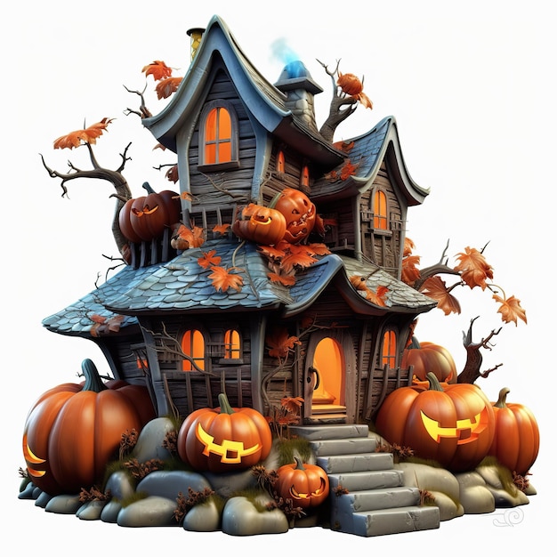 3D Rendering illustration of an old creepy wooden doll house with pumpkinsisolated on white