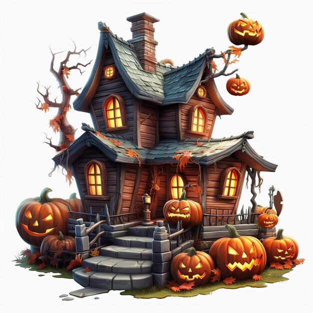 3D Rendering illustration of an old creepy wooden doll house with pumpkinsisolated on white