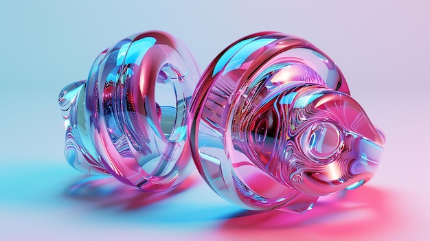 Foto illustrazione di rendering 3d di una coppia di sfere di vetro rosa e blu lucidi sfondo astratto con colori pastello morbidi