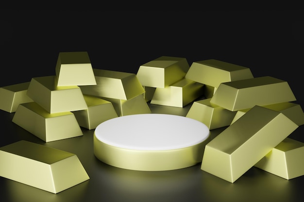 3d-рендеринг иллюстрации витрины на подиуме среди золотой планки для размещения продукта в минимальном дизайне