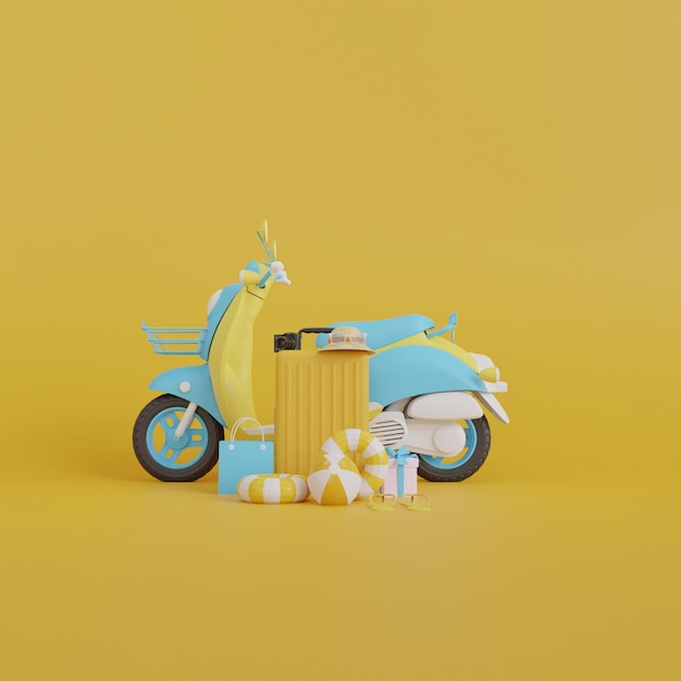 3d rendering illustration, poster with accessories summer vintage scooter, moped .travel. yellow bac