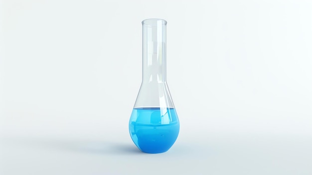 3D rendering illustration of a round bottom flask halffilled with a blue liquid on a white background