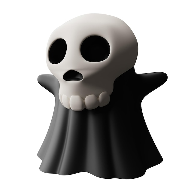 3d rendering illustration scary black ghost with white skull head floating halloween decorative