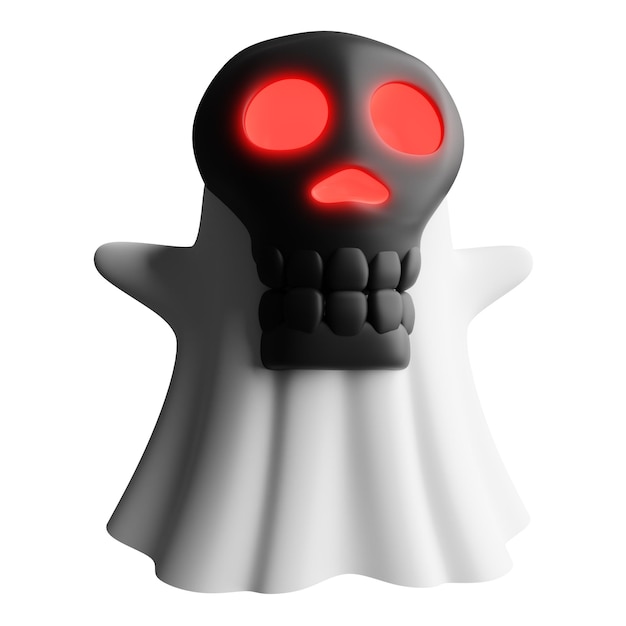 3d rendering illustration scary white ghost with black skull head floating halloween decorative