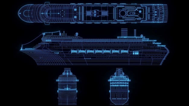 3d rendering illustration ship blueprint glowing neon hologram\
futuristic show technology security