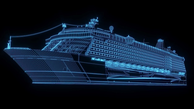 3D rendering illustration ship blueprint glowing neon hologram futuristic show technology security