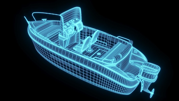 3D rendering illustration ship blueprint glowing neon hologram futuristic