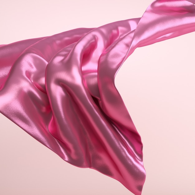 3d rendering illustration of soft cloth metallic pink material. Abstract flying fabric material in bright light. Design decoration for posters and banners. Social media square