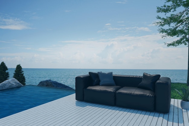 Photo 3d rendering illustration soft couch at wood deck outdoor rest area pool villa high luxury seaview blue sea and sky summer for relax with family happy time sun deck of resort chill out summer