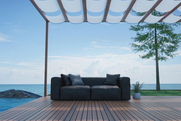 3D Rendering Illustration soft couch at wood deck outdoor rest area pool villa high luxury seaview blue sea and sky summer for relax with family happy time sun deck of resort chill out summer