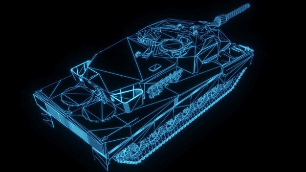 Photo 3d rendering illustration tank blueprint glowing neon hologram futuristic show technology security