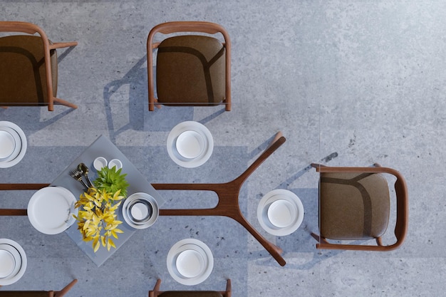 Foto illustrazione di rendering 3d vista dall'alto sul tavolo da pranzo nella sala da pranzo decorazione di piatti in ceramica su tavolo in vetro e legno luce soffusa set di colori della sala da pranzo piccola decorazione vegetale