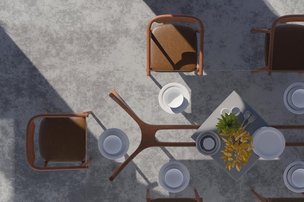 유리 및 나무 테이블에 있는 식탁에 있는 식탁 위의 3D 렌더링 그림 상단 보기 및 저녁 식사 공간 작은 식물 장식의 부드러운 밝은 색상 세트