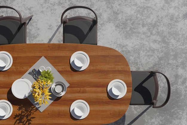 Foto illustrazione di rendering 3d vista dall'alto sul tavolo da pranzo nella sala da pranzo decorazione del piatto in ceramica sul tavolo di legno set di colori tenui della luce della sala da pranzo piccola decorazione vegetale
