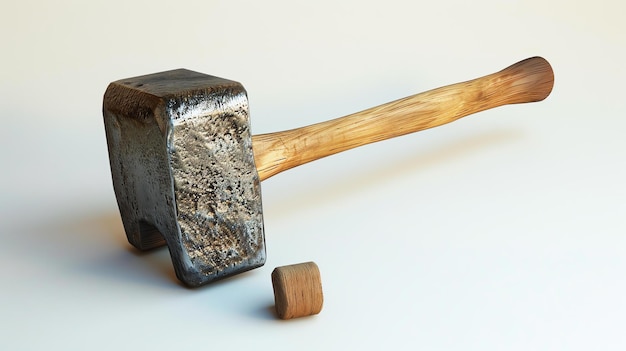 3D rendering illustration of a vintage hammer made of metal with a wooden handle lying on a white surface next to a small wooden block