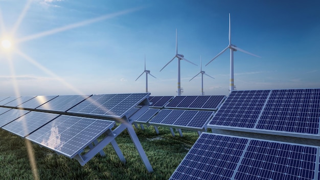 Foto illustrazione del rendering 3d di turbine eoliche e pannelli solari per l'energia sostenibile
