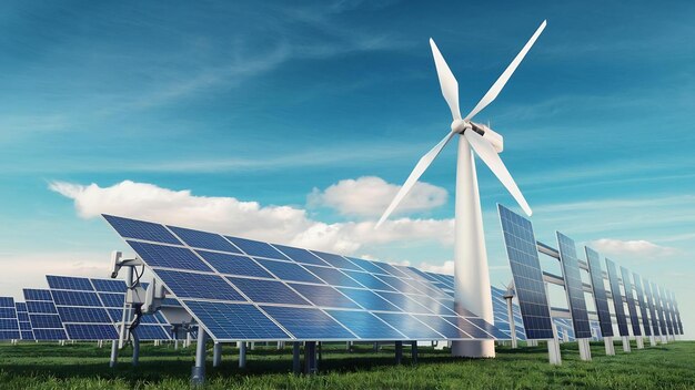 3d rendering illustration of windmill and solar cell sustainable energy