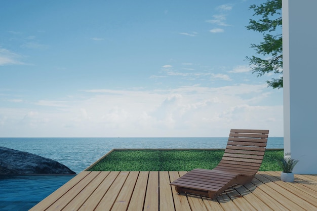 3D 렌더링 그림 나무 데크 야외 휴식 공간 풀 빌라 고급스러운 바다 전망 푸른 바다와 하늘 여름 가족과 함께 휴식을 취하기 위한 행복한 시간 리조트의 일광욕 데크 여름 시즌 개념