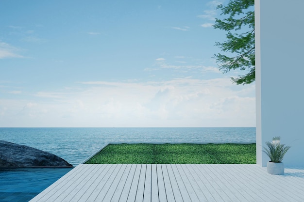 3Dレンダリングイラストウッドデッキ屋外レストエリアプールヴィラ高豪華な海の景色青い海と空の夏家族とリラックスする幸せな時間リゾートのサンデッキは夏のシーズンのコンセプトを冷やす