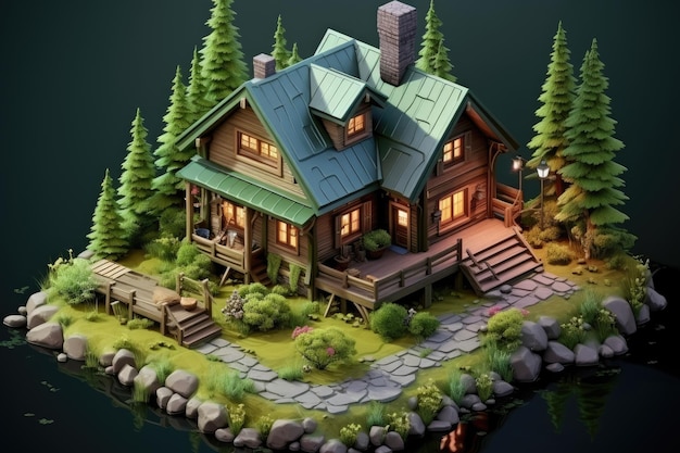 3d визуализация иллюстрации деревянного дома с сосной на изолированном фоне