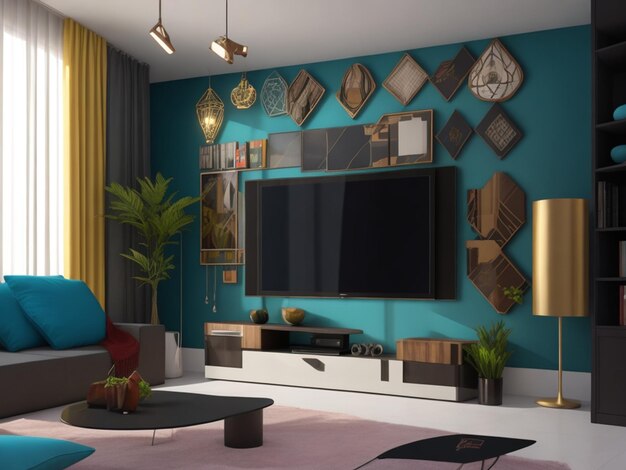 3d rendering image of eclectic interior design with wall hanging LED TV