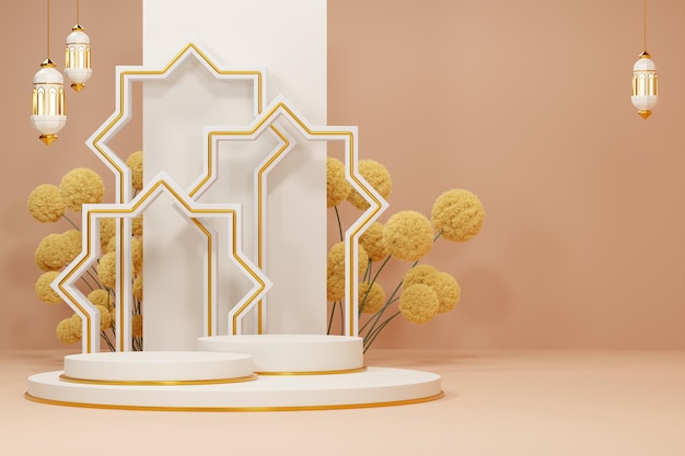 Photo 3d rendering image of ramadan and eid fitr theme greeting background with islamic decoration object