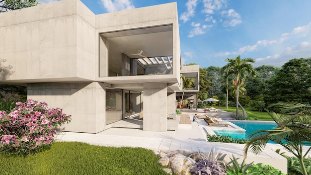 Rendering 3d di un'imponente villa contemporanea in cemento a vista con giardino e piscina