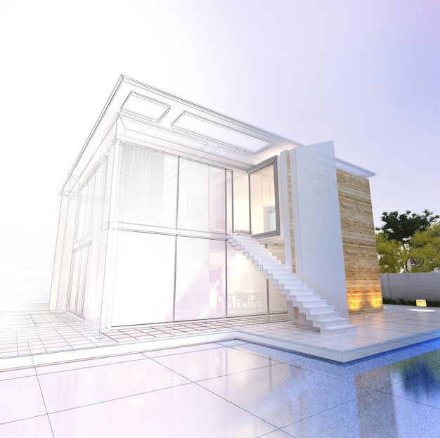 Rendering 3d di un'imponente casa moderna con piscina dalla fase del progetto al completamento Foto Premium