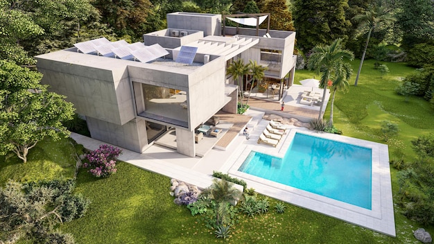 3D rendering of an impressive modern villa with solar panels aerial view