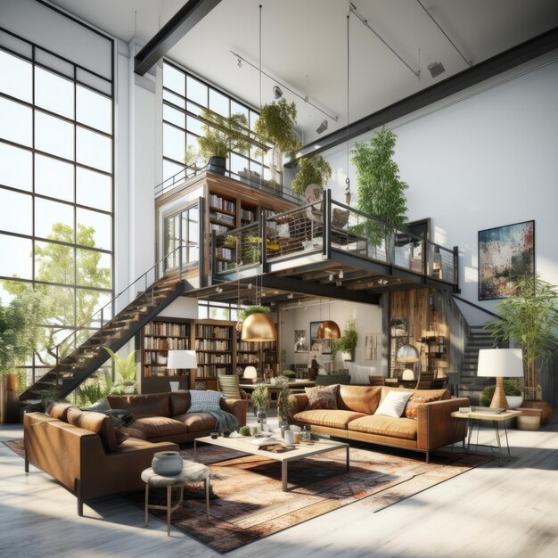 3D rendering of an industrial loft apartment Generative AI